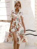 Summer waistband single breasted printed short sleeved dress