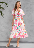 Printed V-neck waist length short sleeved dress