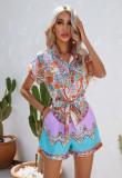 Summer ethnic style printed short sleeved shorts jumpsuit