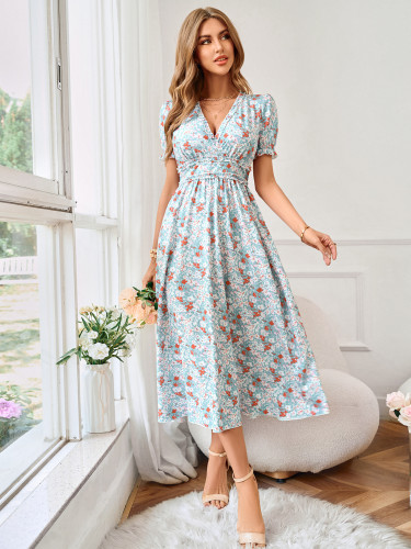 V-neck waistband printed short sleeved dress for women