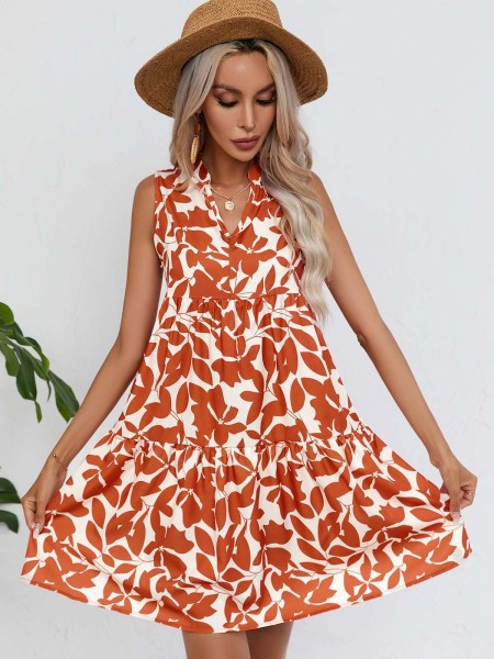Leaf V-neck Sleeveless Short Dress