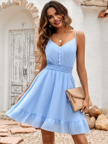 Little Fresh Solid Color Hanging Strap Waist Dress for Women