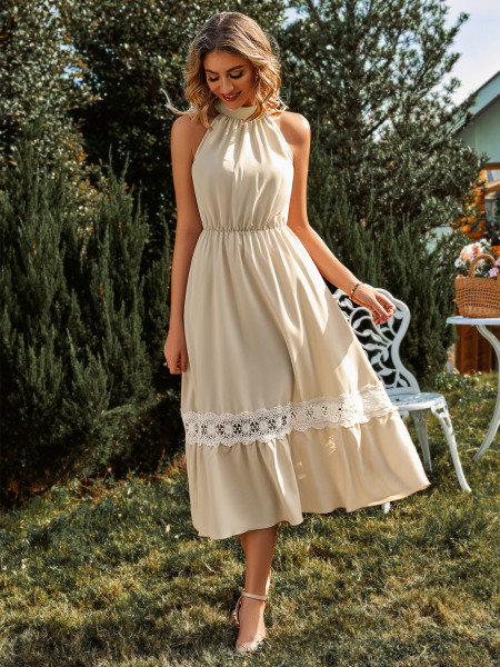 Solid Sleeveless Necklace Lace Dress