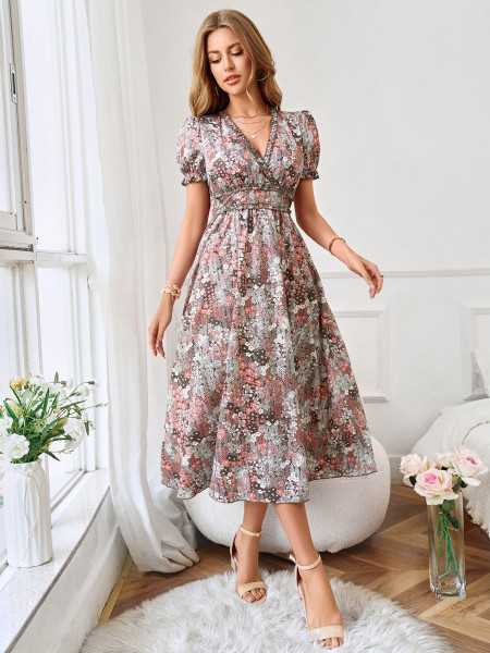 V-neck waistband printed short sleeved dress for women