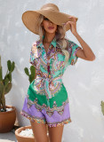 Summer ethnic style printed short sleeved shorts jumpsuit