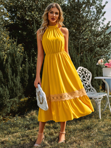 Solid Sleeveless Necklace Lace Dress