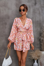Flower long sleeved shorts V-neck jumpsuit