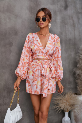 Flower long sleeved shorts V-neck jumpsuit
