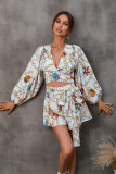 Flower long sleeved shorts V-neck jumpsuit