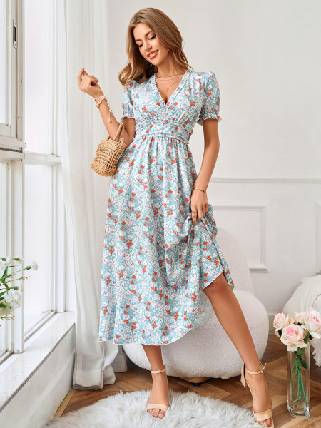 V-neck waistband printed short sleeved dress for women