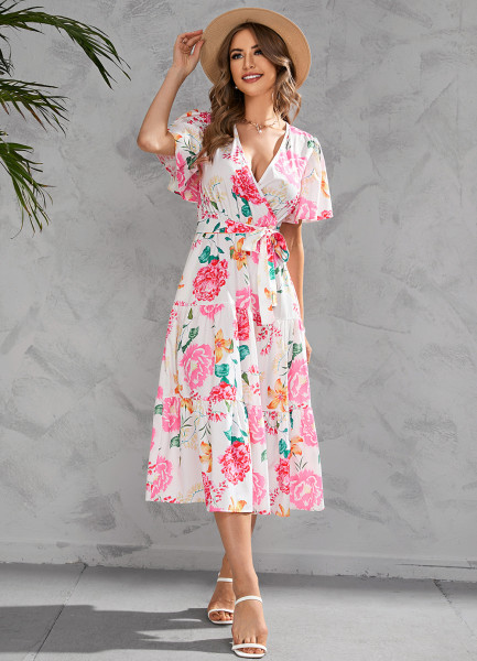 Printed V-neck waist length short sleeved dress