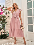 Solid casual waist tied lace V-neck dress for women