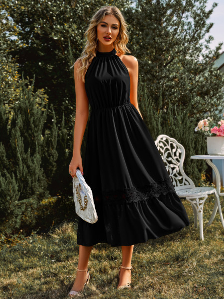 Solid Sleeveless Necklace Lace Dress