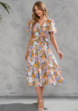 Printed V-neck waist length short sleeved dress