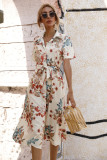 Summer waistband single breasted printed short sleeved dress