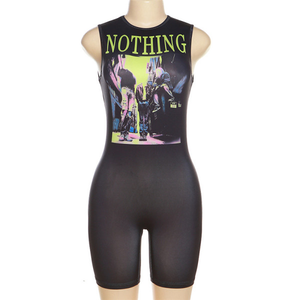Sexy casual round neck sleeveless printed high waisted buttocks short jumpsuit