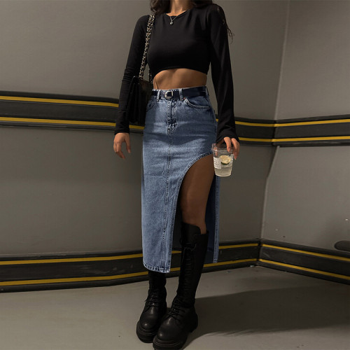 Slim Fit Hundred Pagoda Skirt Women's Trendy One Side Split Denim Half Skirt