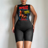 Sexy casual round neck sleeveless printed high waisted buttocks short jumpsuit