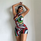 Women's printed sexy backless round neck short sports jumpsuit