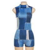 High waisted sexy printed sleeveless contrast tight sports jumpsuit shorts