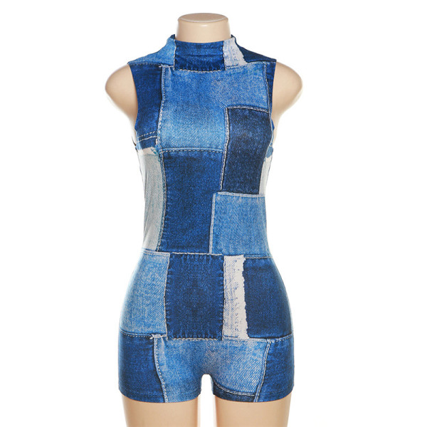 High waisted sexy printed sleeveless contrast tight sports jumpsuit shorts