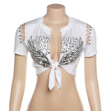 Women's fashion casual printed cardigan tie up slim fitting low neck short top