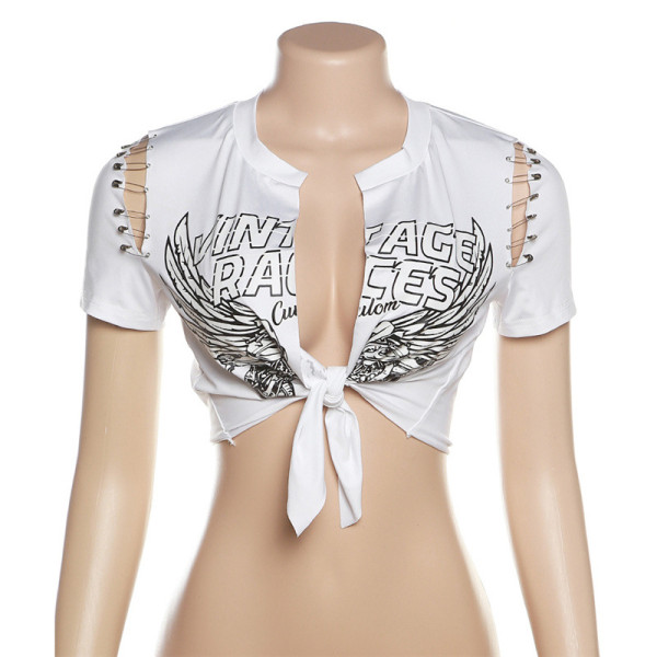 Women's fashion casual printed cardigan tie up slim fitting low neck short top