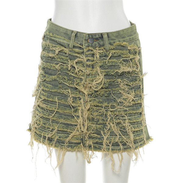 Fashionable Street Spicy Girl Sexy Wrapped Hip Fringe Fringe Denim Skirt