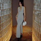 Slim fitting niche design with aesthetic style long skirt collar hanging neck open back dress