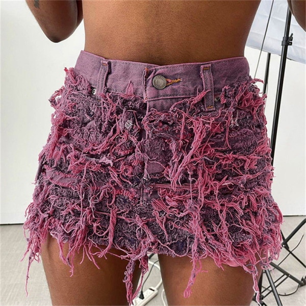 Fashionable Street Spicy Girl Sexy Wrapped Hip Fringe Fringe Denim Skirt