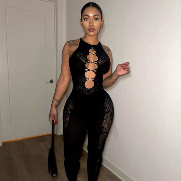 Sexy hollow out high waisted tight buttocks knit jacquard jumpsuit
