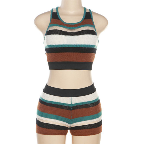 Women's New Sexy Casual Sleeveless Tank Top Contrast Hip Wrap Shorts Set