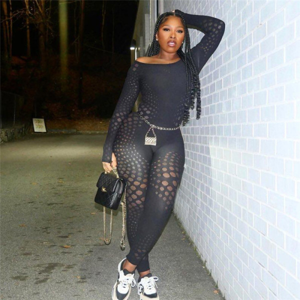 Women's sexy long sleeved knitted perspective slim fitting high waisted jumpsuit