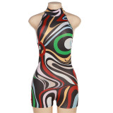 Women's printed sexy backless round neck short sports jumpsuit