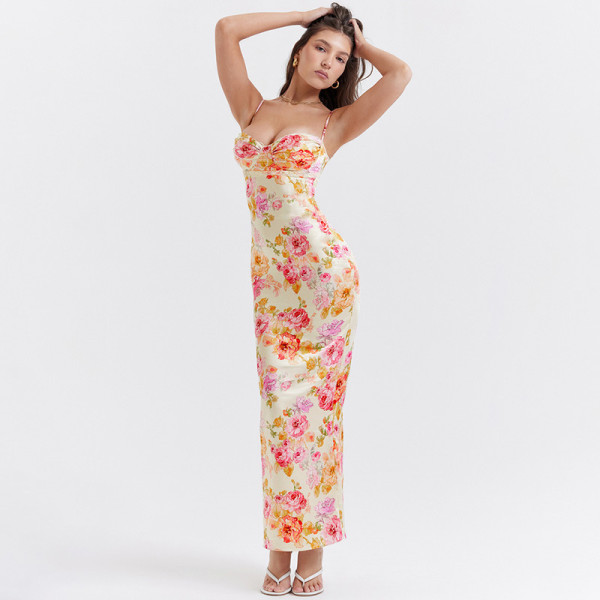 Elegant and high-end fashion long dress with floral print and sexy chest revealing dress