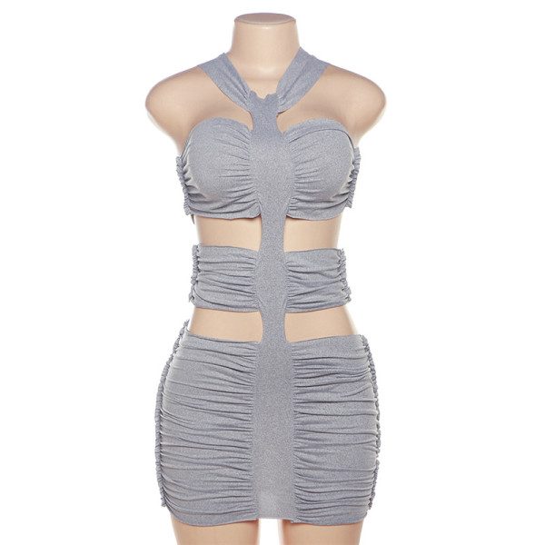 Women's New Sexy Tight Hollow High Waist Solid Pleated Wrapped Hip Short Dress