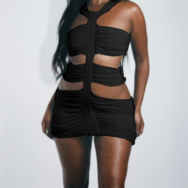 Women's New Sexy Tight Hollow High Waist Solid Pleated Wrapped Hip Short Dress