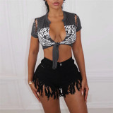 Women's fashion casual printed cardigan tie up slim fitting low neck short top
