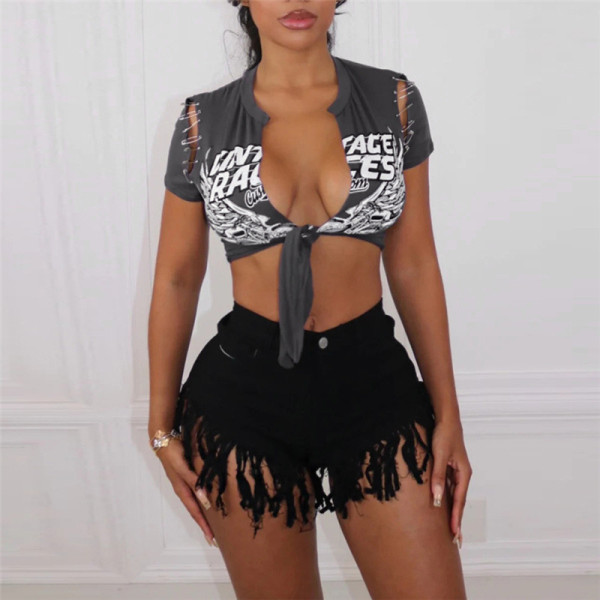 Women's fashion casual printed cardigan tie up slim fitting low neck short top