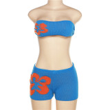 Women's low neck knitted contrast bra slim fitting casual shorts set