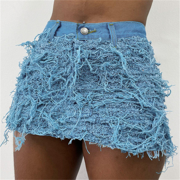 Fashionable Street Spicy Girl Sexy Wrapped Hip Fringe Fringe Denim Skirt