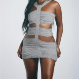 Women's New Sexy Tight Hollow High Waist Solid Pleated Wrapped Hip Short Dress