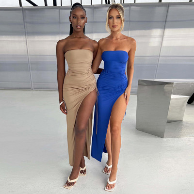 Design inspired bra drawstring high slit bra dress