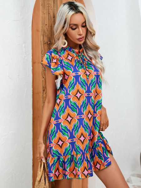 PRINTED RUFFLE HEM SKIRT DRESS