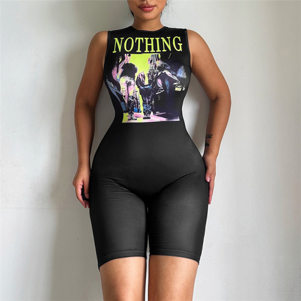 Sexy casual round neck sleeveless printed high waisted buttocks short jumpsuit