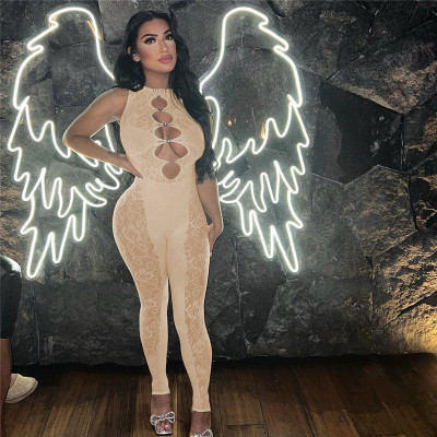 Sexy hollow out high waisted tight buttocks knit jacquard jumpsuit