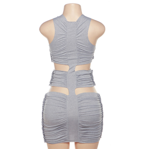 Women's New Sexy Tight Hollow High Waist Solid Pleated Wrapped Hip Short Dress