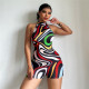 Women's printed sexy backless round neck short sports jumpsuit