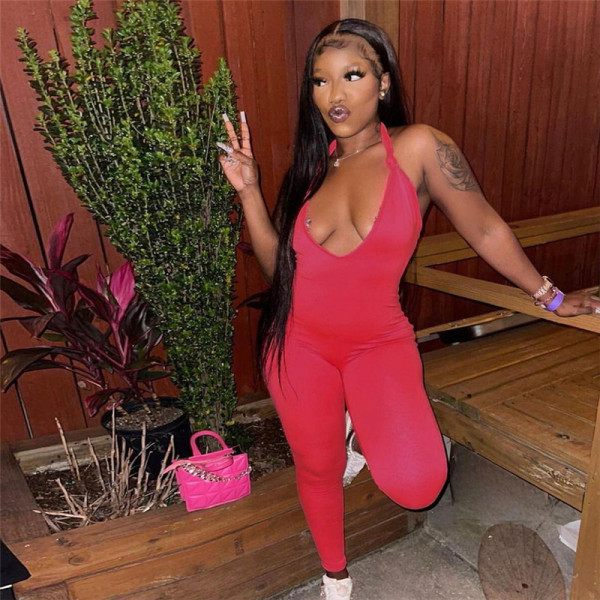 Women's New Sexy Low Chest Hanging Neck Open Back High Waist Tight Sports One Piece Pants