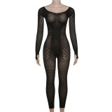 Women's sexy long sleeved knitted perspective slim fitting high waisted jumpsuit